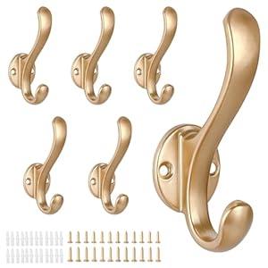 PEOIAOY 6 Pack Coat Hooks Wall Mount Heavy Duty Utility Retro Double Hooks for Hanging Coats, Hat, Towel, Key, Robe, Scarf, Bag, Cap (Gold)
