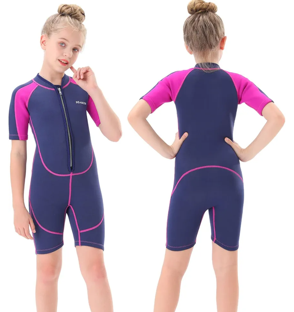 Seaskin Kids Wetsuit for Boys Girls Toddlers, 2mm Front Zipper Shorty Wetsuits, 3mm Back Zip Full Wetsuit, Neoprene Thermal Swimsuits for Diving Surfing Swim Lessons (S, Pink)