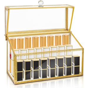24 Slots Lipstick Organizer with Lid, Dustproof Tempered Glass Lipgloss Case, Vintage Clear Perfume Holder with Removable Divider, Versatile Luxury Vanity Makeup Storage Box for Cosmetics