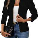 ELLEVEN Womens' Tweed Open Front Blazer Long Sleeve Jacket Notch Collar Fully Lined Casual Business Work Office Coat (Small, All Black)