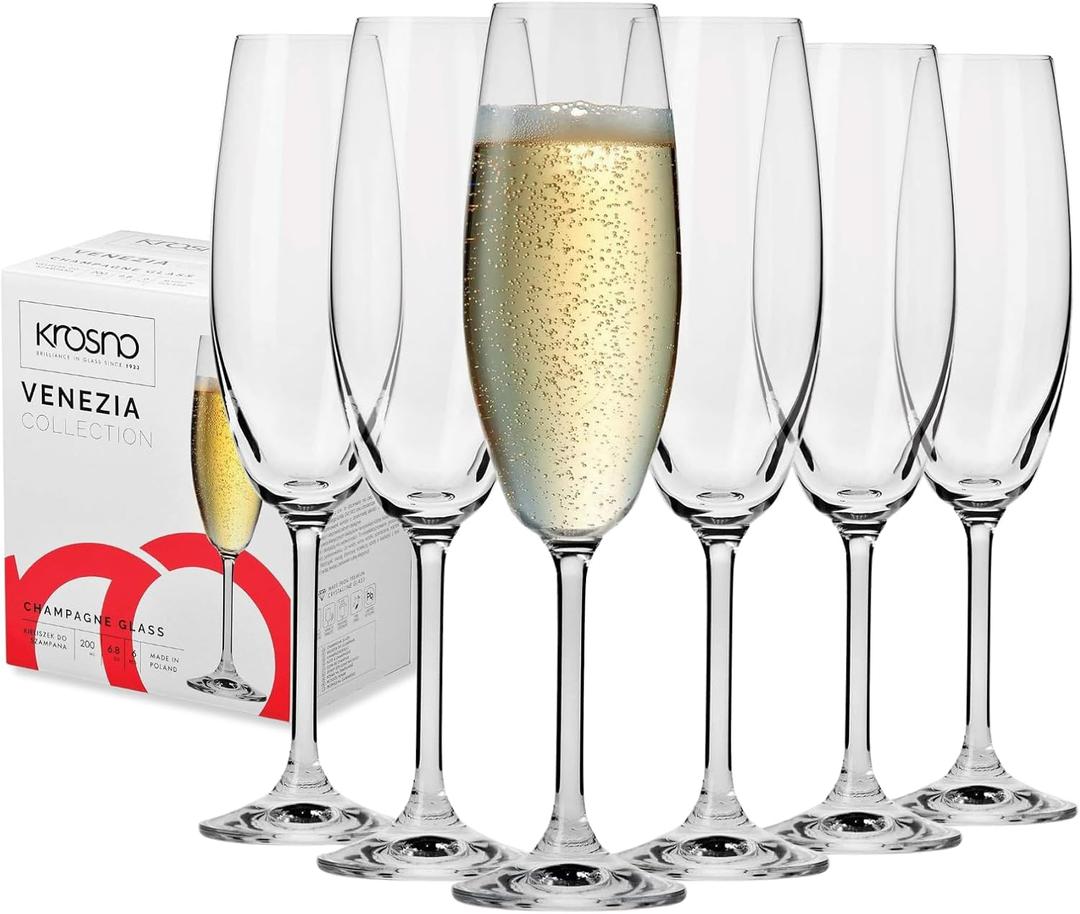 Krosno Crystal Champagne Flutes, Set of 6, 6.8 oz, Venezia Collection, Lead-Free Glass, Flutes for Prosecco, Sparkling , Champagne and Mimosas, Dishwasher Safe, Made in Europe
