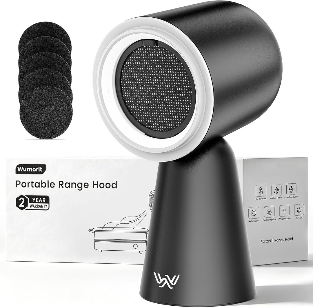 Portable Range Hood with Light, Desktop Kitchen Exhaust Fan with Water Washing Self-Cleaning Mode, 12° Adjustable Head, 3-Speed, Low Noise, Ideal for Apartment, RV, Indoor Hot Pot and BBQ (Black)