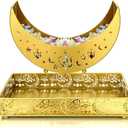 Hushee 2 Pcs Large Ramadan Plate Iron Serving Tray Plate Large Eid Mubarak Metal Serving Dishes Trays Moon Square Shape Food Dessert Tray for Home Ramadan Mubarak Party Supplies(Novel Style)