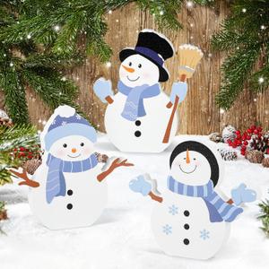 COCHIE Snowman Christmas Decorations Indoor, Cute Winter Tiered Tray Decor Set of 3, Wooden Snowman Blocks Xmas Table Decoration for Party Home Office Shelf Door (Let It Snow)