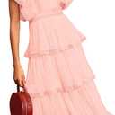 ETCYY Women's Summer Ruffle Maxi Dress Tiered Layed Chiffon Short Sleeve Beach Boho Floral Party Wedding Guest Long Dresses (Large, Pink)