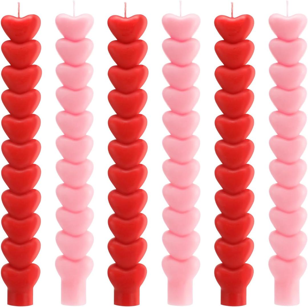 Nuanchu 6 Pcs Valentine Heart Taper Candles 10 Inch Tall Pink Red Candlestick Valentine's Day Unscented Heart Candle for Gifts Home Mantle Decor Bachelorette Wedding Party Supplies