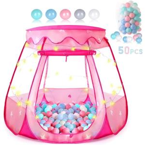 Baby Ball Pit for Toddler with 50 Balls, Pop Up Princess Tent with Star Lights for 1 2 3 Year Old Birthday Gift, 12-18 Months Baby Girl Toys with Carrying Bag, Indoor&Outdoor Play Tent for Kids (Pink)