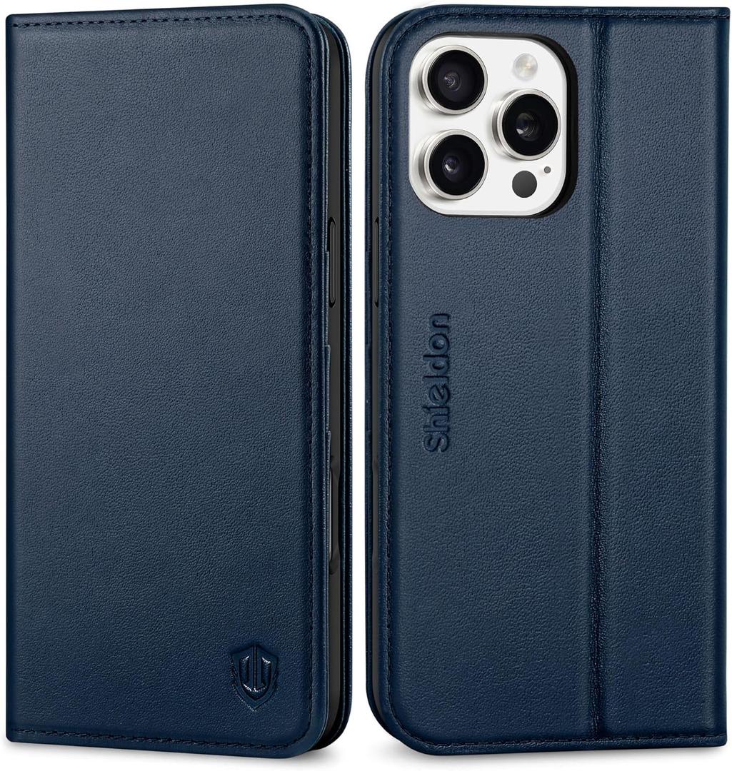 SHIELDON Case for iPhone 16 Pro Max 6.9", Genuine Leather Wallet with Kickstand RFID Blocking Card Slot Magnetic Shockproof Case Men Women Compatible with iPhone 16 Pro Max 2024 - Nappa Navy Blue