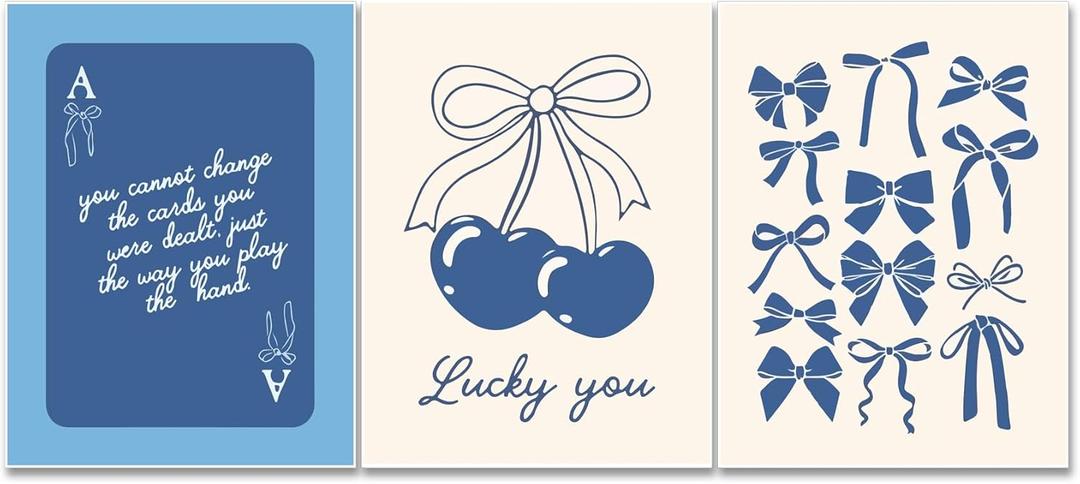 Julaydi Blue Preppy Wall Art Posters Set of 3 Trendy Navy Bow Canvas Prints Cherry Lucky You Poker Painting Picture Minimalist Girly College Apartment Decor for Living Room Bedroom 12x16in Unframed (16L" x 12W")