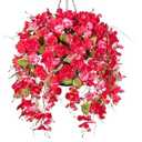 HyeFlora Artificial Fake Hanging Hibiscus Flower Baskets for Outdoor Decoration, Faux Silk Hibiscus Long Vines in Planter UV Resistant Realistic Flowers for Outside Porch Patio Home Decor, RedPink