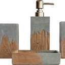 Hymmah Bathroom Accessories Set,Wooden Design Toothbrush Holder,Farmhouse Bathroom Decor,4 Pcs Resin Gift Set Apartment Necessities, Contain Toothbrush Cup,Soap Dispenser,Soap Dish,Tumbler