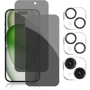 Pehael [2+2 Pack] iPhone 15 Plus Privacy Screen Protector with Camera Lens Protector Full Coverage Anti-Spy Tempered Glass Film 9H Hardness Upgrade Edge Protection Easy Installation Bubble Free