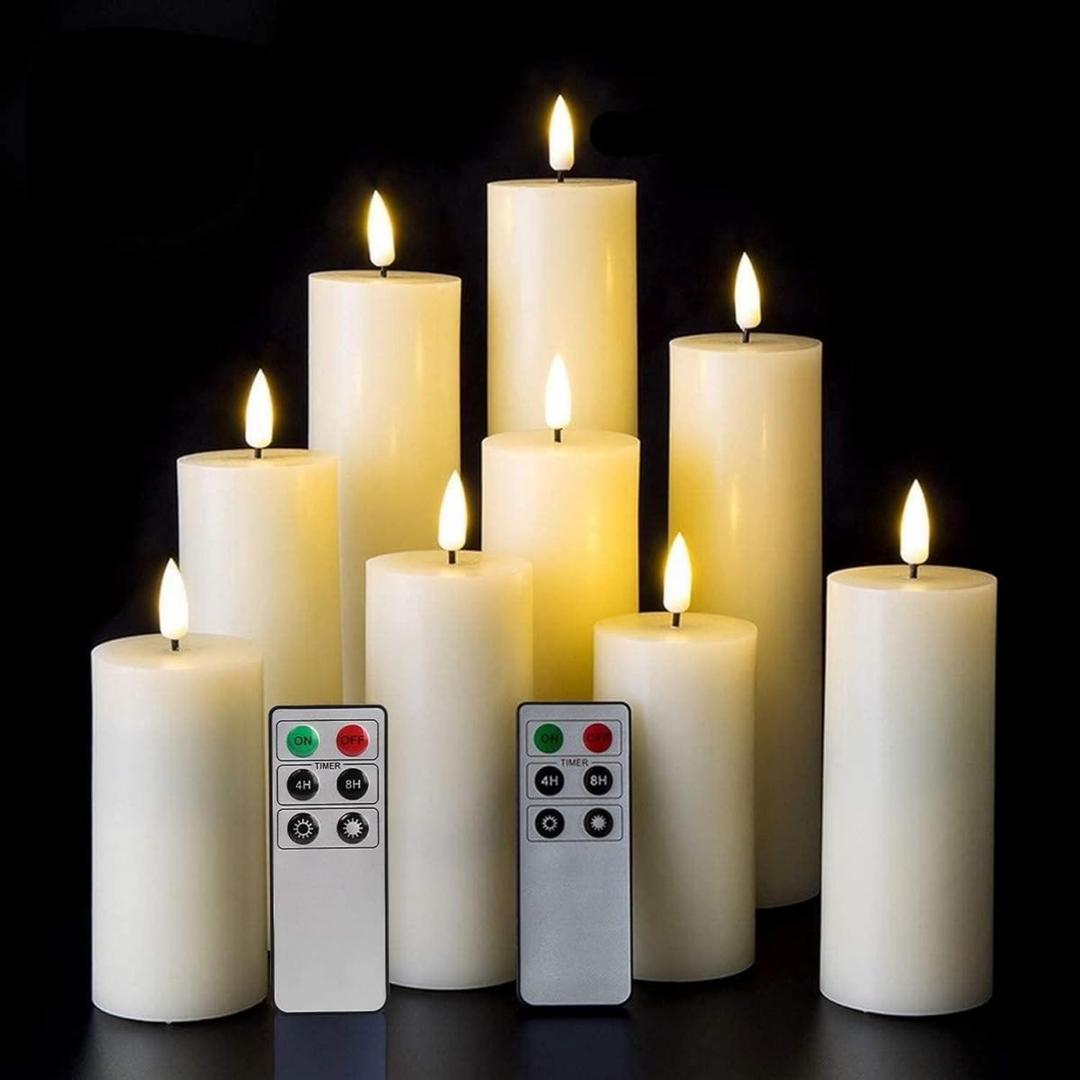 Eywamage Realistic Ivory Slim Flameless Pillar Candles with Remote, Real Wax Flickering Tall LED Battery Fireplace Candles Set of 9
