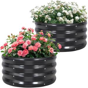 Galvanized Raised Garden Bed- 2Pcs Metal Planter Boxes Outdoor | 12" Tall 24" Round Steel Raised Bed Kit & Fire Pit Ring for Gardening with Protective Tape for Vegetables, Flower (Grey)