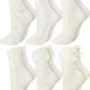 Fourluoo 6 Pairs Ruffle Socks Women Frilly Lace Ankle Socks Cream Lolita Princess Bow Breathable