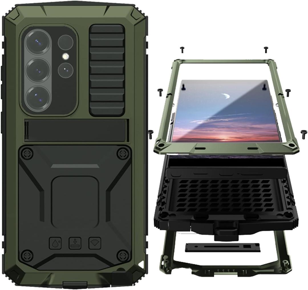 Simicoo Compatible with Samsung Galaxy S26 Ultra Metal Case with Stand Screen Protector Camera Cover Metallic Military Hybrid Durable Dust Proof Heavy Duty Full Body Cover Phone Case Man (Green)
