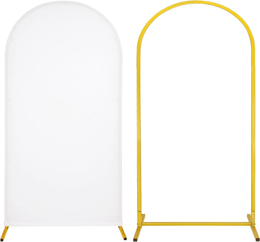 Metal Arch Stand and Cover Set,1 White Spandex Fitted Backdrop with 1 Gold Wedding Arched Stand Frame for Parties Birthday Baby Shower Bridal Banquet Decoration (6.6FT), 6.6FTx3.3FT