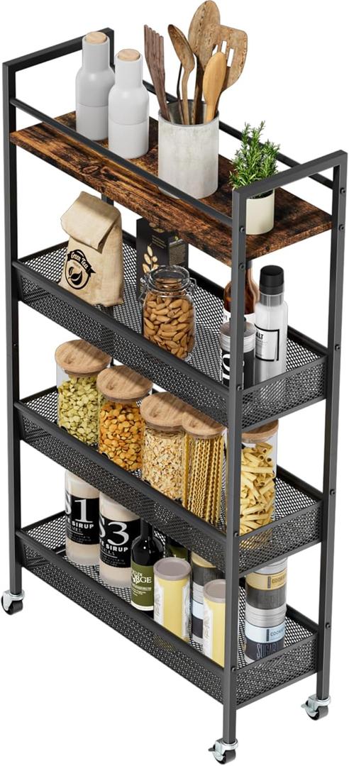 Jsluiiys 4-Tier Slim Storage Cart, 5.9In Narrow Rolling Cart with Wooden Top Metal Handle and Wire Mesh for Kitchen Bathroom Laundry Room