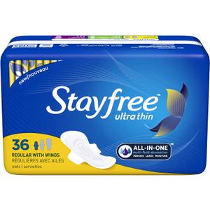 Stayfree Ultra Thin Regular Pads with Wings For Women, Reliable Protection and Absorbency of Feminine Moisture, Leaks and Periods, 36 count