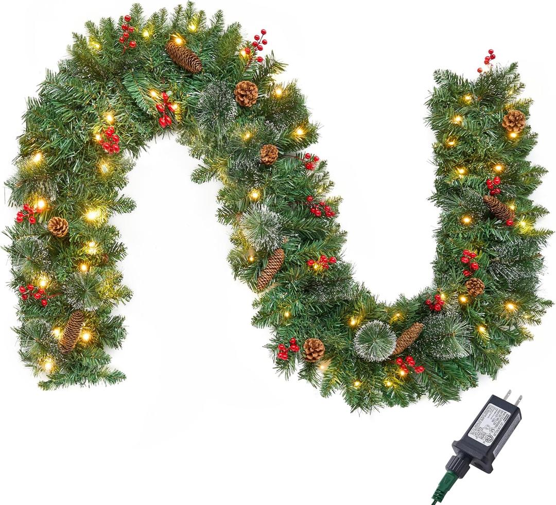 Joiedomi 9FT Christmas Garland Prelit with 50 Count String Lights, Bristle, Pine Cones, Holly Berries for Outdoor & Indoor Winter Christmas and Holidays Decorations, Plug in Lighted Pine Garland