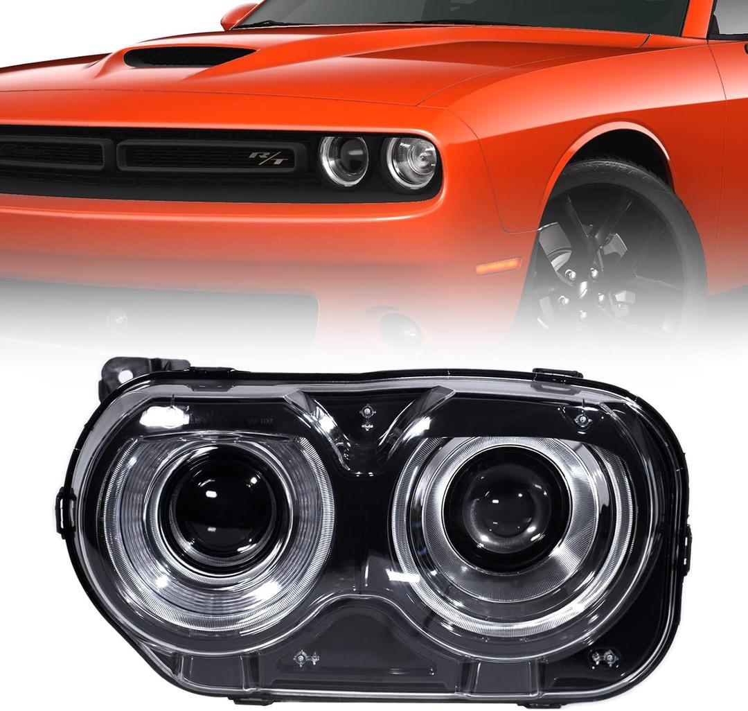Headlight Assembly Compatible with Dodge Challenger (Halogen Model) 2015 2016 2017 2018 2019 2020 2021 Headlamp with Black Housing Replacement Left Driver Side (LH) 68174065AG CH2502267
