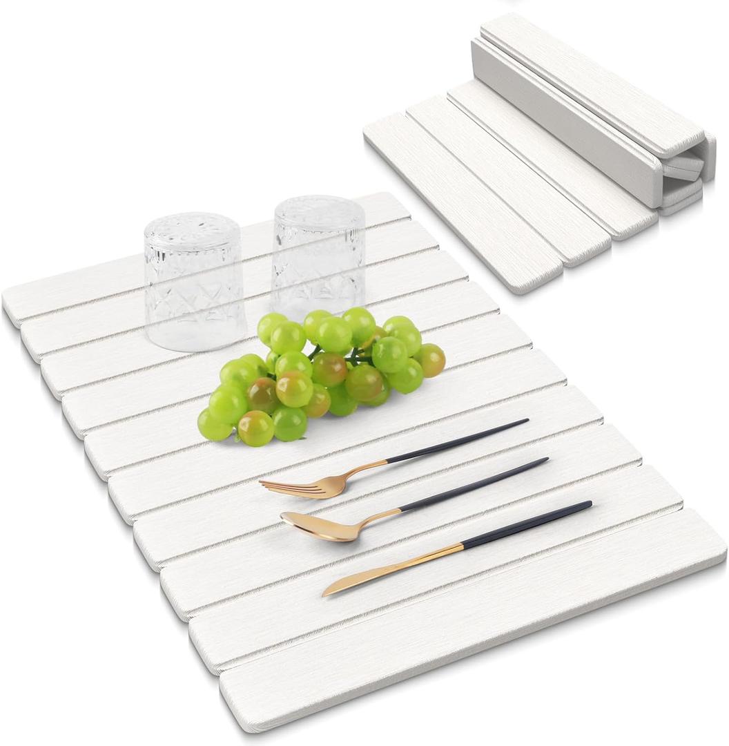 Large Stone Dish Drying Mats for Kitchen Counter, 24x16 Quick Dry Absorbent Drying Matt Kitchen Counter, Diatomaceous Earth Dish Drying Mat, Collapsible Dish Mat Dish Pads for Drying, Peal White