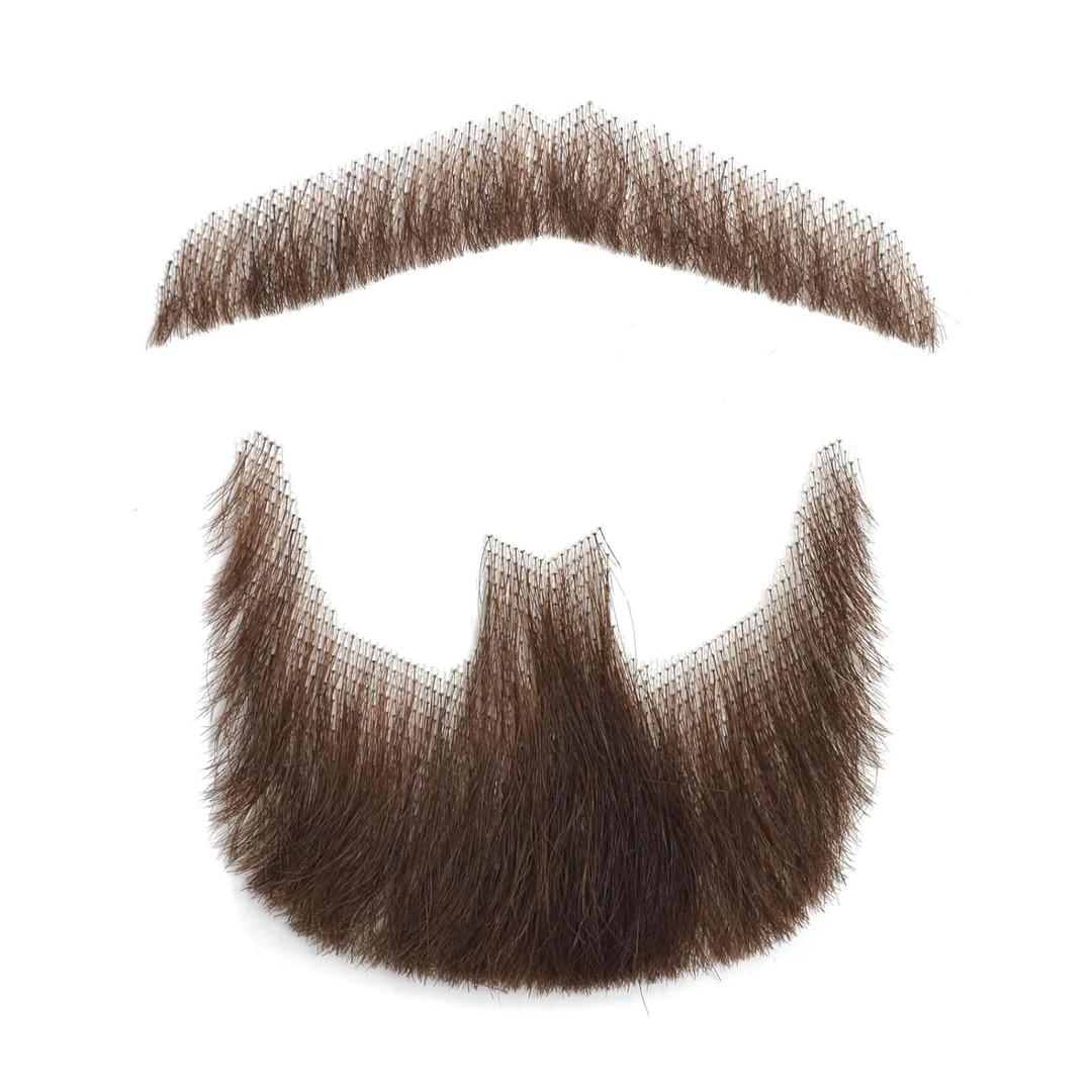 Realistic Mustache, Human Hair Fake Beard, Hand Knotted Lace Based False Beard, Costume Beard with Sticky Adhesive Tape（Brown)