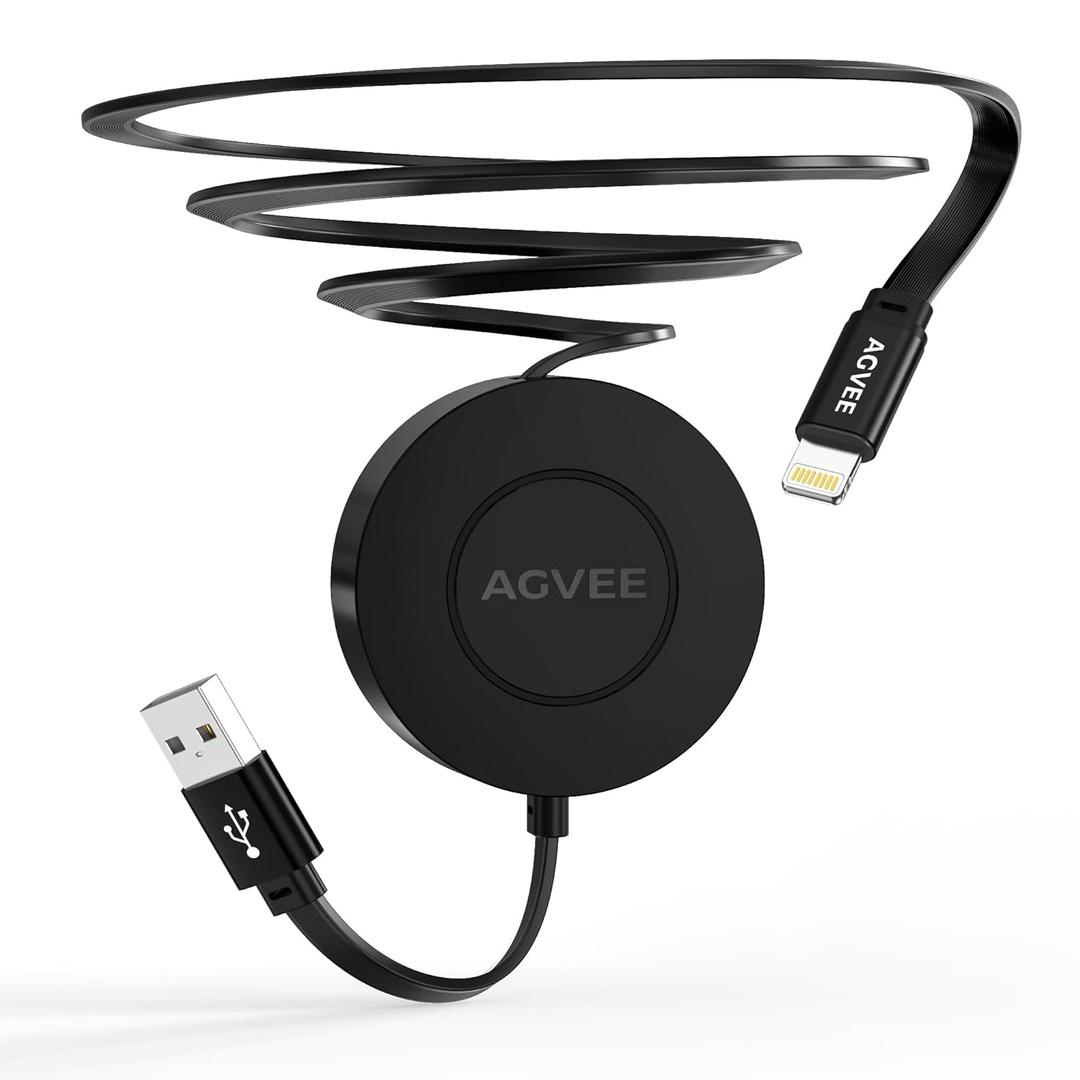 AGVEE 0.3ft Fixed / 2.3ft Extend USB-A to Lightning Charger Cable Mountable One Way Retractable 2.4A Fast Charging Cord, Pocket-Sized for iPhone 14 13 12 11 XS, Desk Organizer, Black