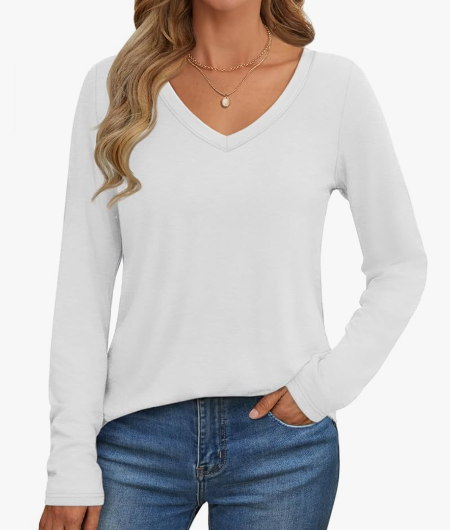 ATHMILE Womens 2025 Fall Long Sleeve Shirts Basic Apparel Shirts Trendy V Neck Tshirt for Women Curved Hem Tops, M