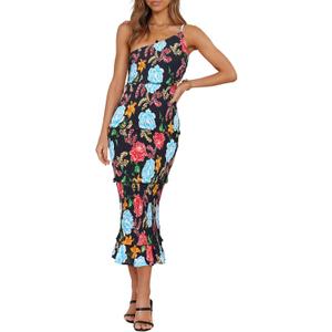 PRETTYGARDEN Women's Summer Midi Bodycon Dresses One Shoulder Strappy Tiered Ruffle Floral Boho Sun Dress (XL)