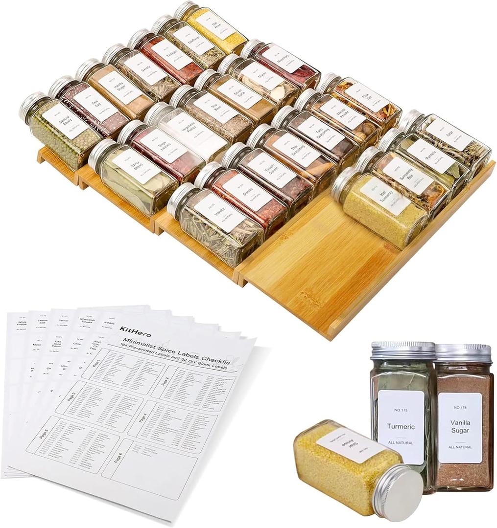Spice Drawer Organizer with 28 Spice Jars and 216 Labels,Non-slip Rubber, Bamboo 4 Tier Spice Racks Tray Seasoning Containers for Kitchen Drawers,Cabinets,Countertops,13" Wide * 15.8" Deep (Aluminum Lid Jars)