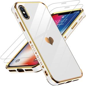LeYi for iPhone X/XS Case: 2 Pack Tempered Glass Screen Protector + Full Camera Lens Protection, Love Heart Plated Women's Cute Luxury Soft TPU Shockproof Case, White