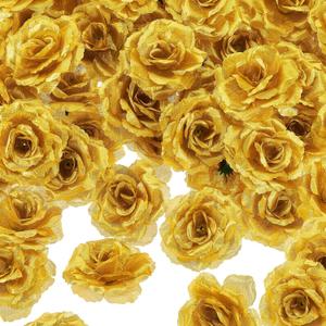 Syhood 100 Pieces Artificial Roses Head Fake Silk Rose 3 Inch DIY Fake Roses Silk Rose Shape Flowers for Valentine Wedding Flower Wall DIY Crafts Bouquet Decoration (Gold)
