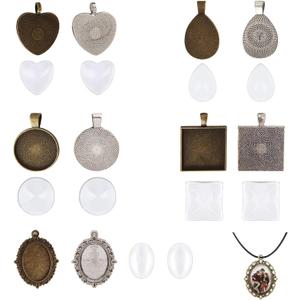 20Pcs Pendant Trays Kit Bezel Blanks with Glass Cabochons for Jewelry Making DIY Pendants Blank Bezels Tray Set Cabochon Pendant Making Supplies Crafting Accessories for Handmade Jewelry