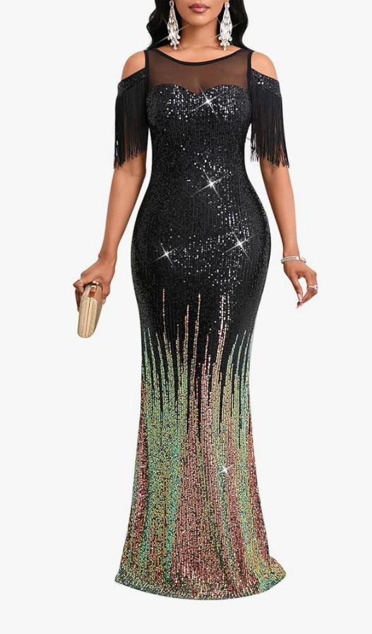 Women Sexy Sequin Tassel Mesh Perspective Bodycon Evening Maxi Dress, 3XL