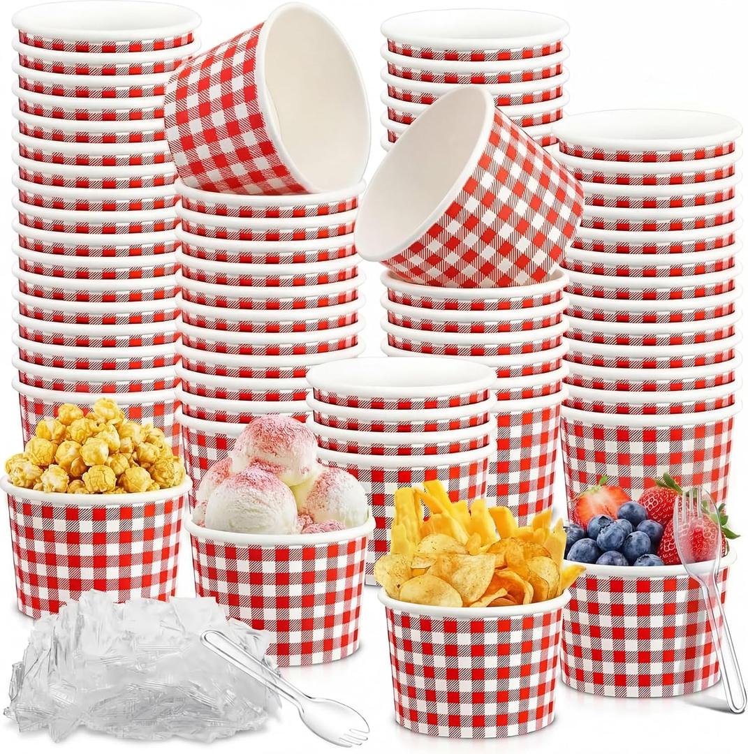 100 Pack Gingham Ice Cream Cups with Plastic Spoons 12oz Disposable Red and White Checkered Paper Bowls Plaid Picnic Snack Cups for Dessert Cold Food Pizza BBQ Camping Summer Party Supplies(Red)