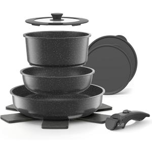 YASHE 9Pcs Granite Nonstick Pots and Pans Set, Stackable, Oven Safe | Non-Toxic Cookware Set with Detachable Handle for RVs, Camping, PFOS/PFOA-Free Induction Compatible