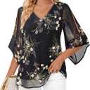 Bebonnie Womens Ruffle 3/4 Sleeve V Neck Double Layers Chiffon Blouses Dressy Tunic Tops (Black, M)