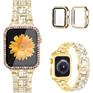 Mesime Compatible for Apple Watch Band with Screen Protector Case, Jewelry Replacement Bands 46mm 45mm 44mm 42mm 41mm 40 mm 38mm 2 Pack Protective Cover for iWatch Series 10/9/8/7/6/5/4/3/2/1/SE Women (40mm(Series 6/5/4/SE), A-Gold)