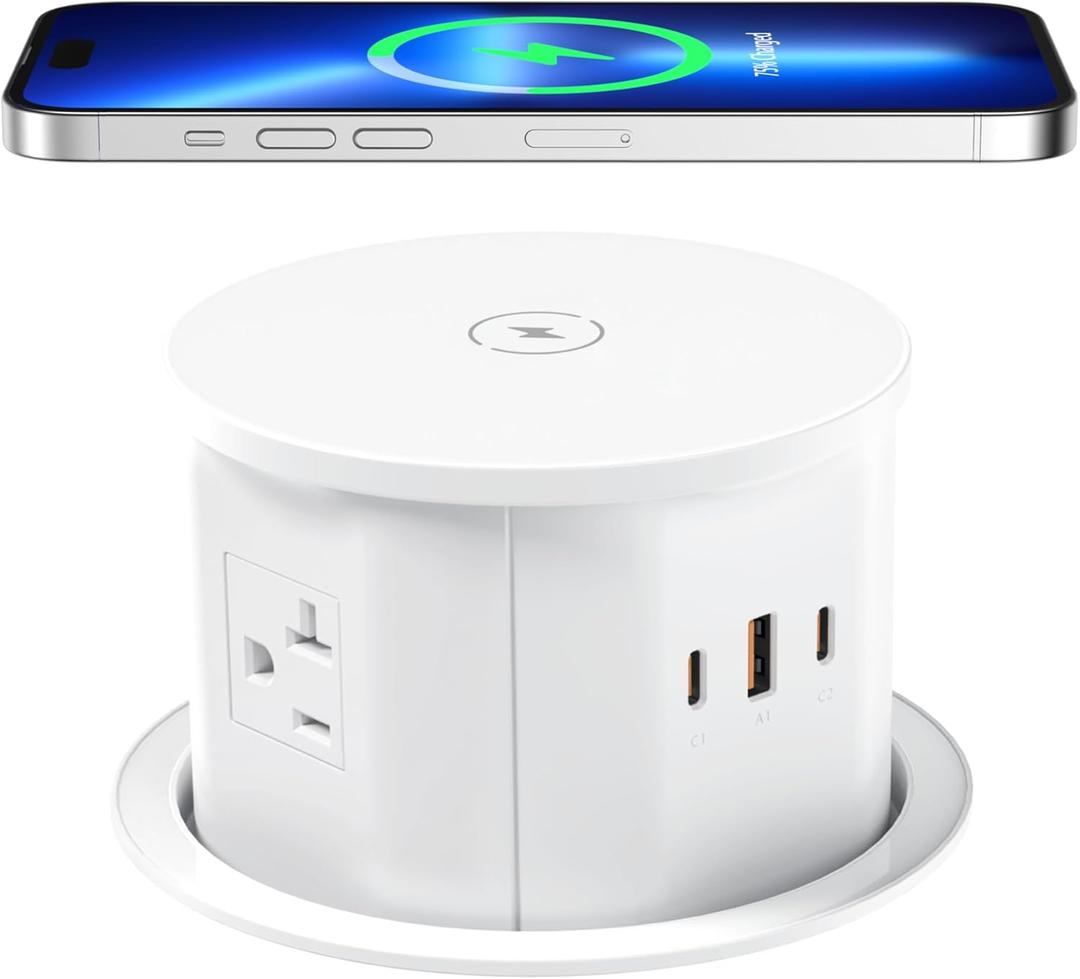 ANNQUAN 20 Amp Pop Up Countertop Outlet with 15W Wireless Charger,Max 65W Power Delivery,4.75" Pop Up Electrical Outlet with 3 Outlets 3 USB Ports for Home Office (White)