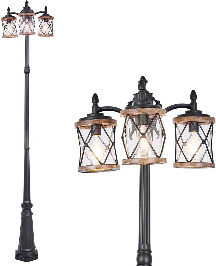 Dusk to Dawn Outdoor Lamp Post Lights with GFCI Outlet,3-Head Farmhouse Street Light Fixture,Aluminum Black Pole Exterior Lights, Waterproof Lantern Outdoor Lighting for Garden,Backyard,Driveway