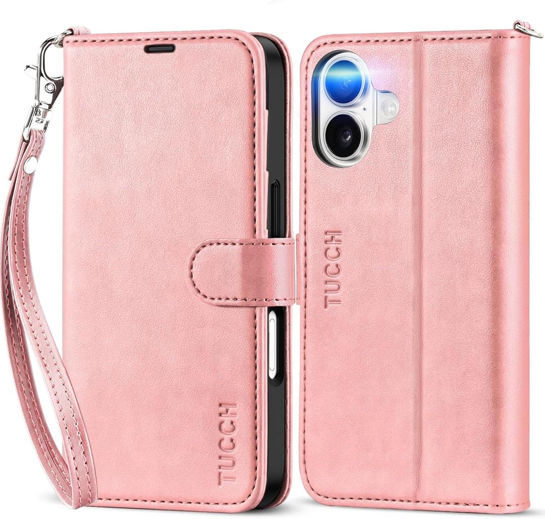 TUCCH Wallet Case for iPhone 17 (6.3") 2025, Wrist Strap | 4 Card Slots | RFID Blocking | Stand | Shockproof TPU Shell | PU Leather | Magnetic | Protective Flip Cover | Rose Gold