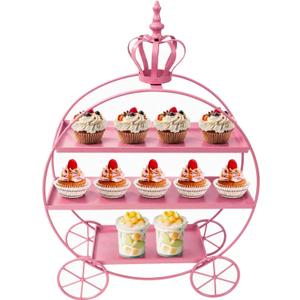Pink Crown Pumpkin Cart 3 Tier Dessert Stand, Wrought Iron Cake Display Tray for Wedding Birthday Afternoon Tea Party, Decorative Tiered Serving Platter for Pastries Fruit Candy