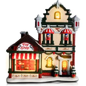 Aircity Christmas Ceramic Village House with LED Light, Handcrafted Holiday Decor for Tabletop and Desk, Shop Theme for Home Dcor