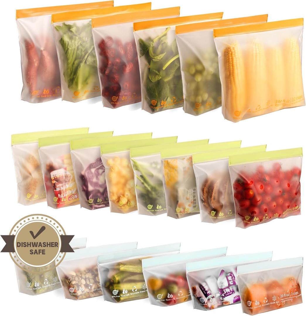 20 Pack Reusable Food Storage Bags,Leakproof Freezer Bags BPA Free Stand Up Sandwich Bags for Lunch Salad Fruit Travel,Dishwasher Safe(6 Gallon,8 Sandwich,6 Snack)