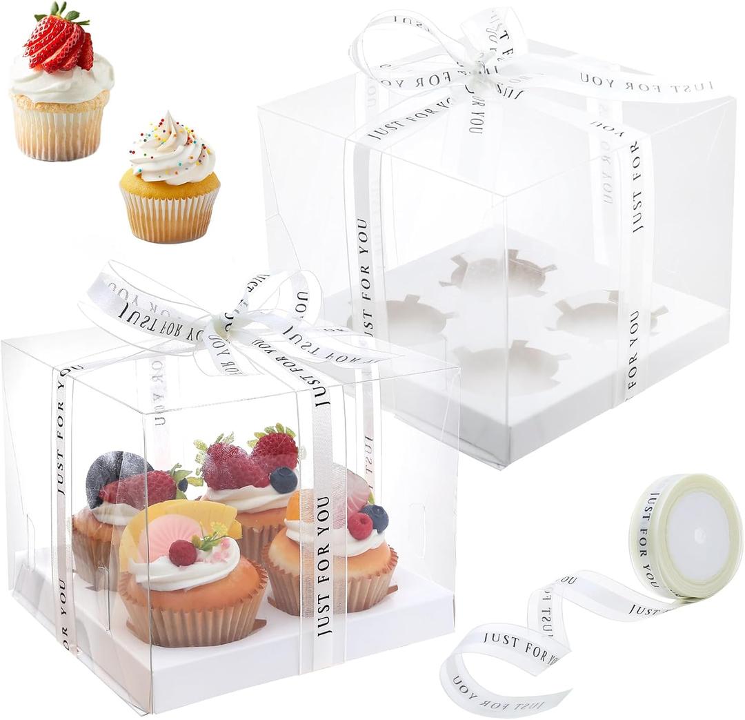 5 Pcs clear cupcake boxes with complimentary gift ribbon, 4 Count cupcake container, plastic cupcake carrier, for desserts muffins for Easter and Mother's Day (White, 4 Counts/5 pcs)