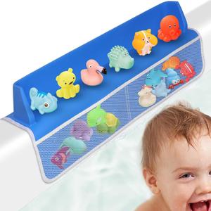 BuumHuum Bathtub Splash Guard for Kids Play Shelf Area,Toy Tray Holder 4 Storage Net Bag for Toddlers Baby-Bathtub Topper No Spill Water with 8 Suction Cups Attach to BathTub fun for Kids-Blue