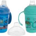 Nuby No-Spill Two Handle Babys First Soft Spout Cup with Hygienic Cover | 2 pack: Aqua Travel & Blue Cars or Aqua Ocean & Pink Animals | 8oz/ 240 ml | 4+ Months | 2 pack