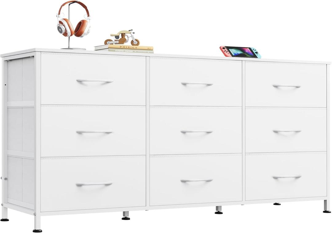 WLIVE 47''W Dresser for Bedroom, White Dresser TV Stand for 45, 50, 55 inch TV, Wide Chest of Drawers with 9 Drawer, Large Entertainment Center, Fabric Dressers with Wood Top for Closet, Living Room, Regular Size
