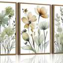 SongZest 3 Piece Green Botanical Framed Wall Art Boho Floral Canvas Art Prints Neutral Flower Pictures Wall Decor Minimalist Nature Paintings Artwork for Bedroom Bathroom Living Room 16x24in, 16x24 Natural